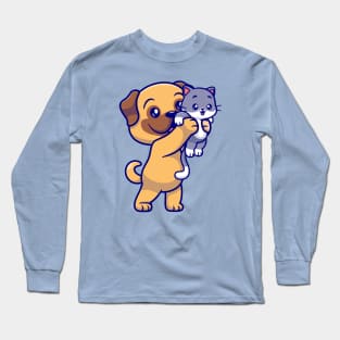 Cute Pug Dog Holding Baby Cat Cartoon Long Sleeve T-Shirt